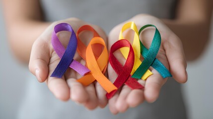 Ribbons of Hope: A tender gesture, a person's open hands cradle a vibrant array of colored ribbons, symbolizing solidarity, awareness, and the ongoing fight against diseases.
