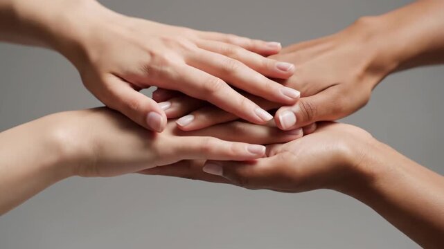 Four Diverse Hands Joining Together in a Symbolic Gesture of Unity and Support