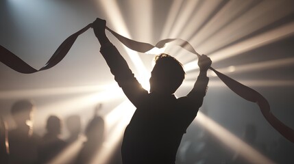 Triumphant Ribbon Silhouette: A solitary figure, hands raised in jubilation, tears a red ribbon at a finish line, silhouetted against a dramatic backdrop of bright light and celebratory onlookers.