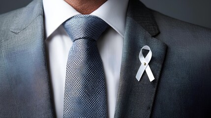Advocate of Support: A person in a refined business suit, a symbol of solidarity pinned with a symbolic ribbon, and stands as a beacon of support for a cause.