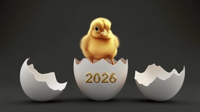 A fluffy yellow chick hatches from a cracked egg displaying the golden year '2026', symbolizing new beginnings and the hopeful arrival of the future.