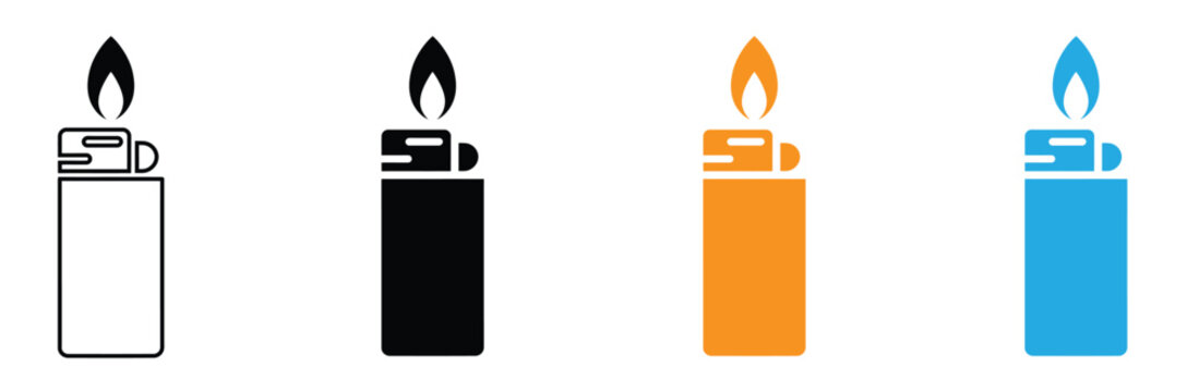 Lighter icon set. Gas cigarette lighters with flame. Vector illustration in outline, solid, and color styles.