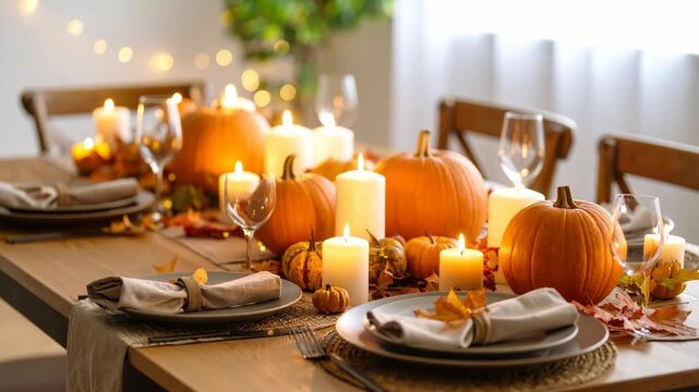 Autumn dining table setting with pumpkins candles and seasonal decor