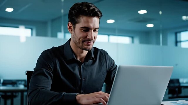 Happy confident businessman working efficiently on a silver laptop computer in a contemporary professional office environment smiling while typing on the keyboard