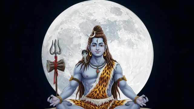 Hindu God Shiva Meditating Under Full Moon, Spiritual Enlightenment, Cosmic Energy