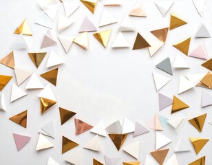 Scattered colorful paper triangles form a frame on a white surface