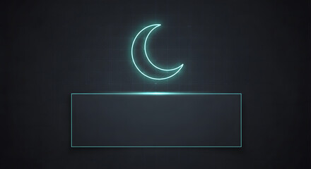 Abstract dark background with a glowing neon crescent moon and a blank rectangular space for text