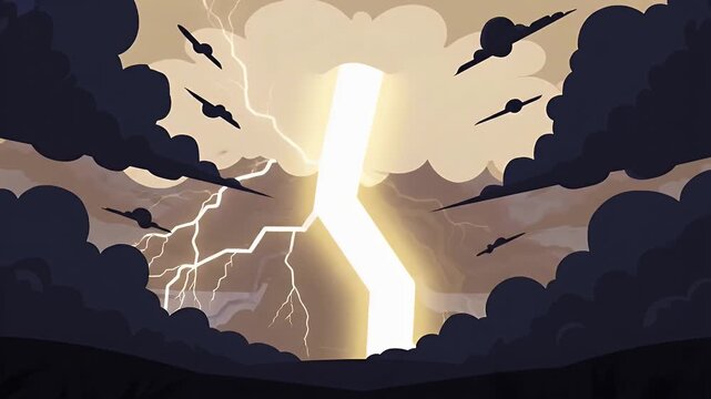 Dramatic lightning storm over dark landscape with colorful stylized clouds