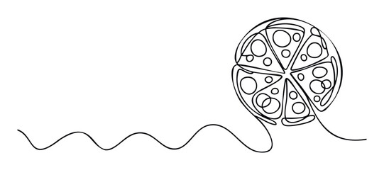 Dynamic continuous line drawing of a savory pizza cut into six slices, ideal for culinary promotions, food service branding, and quick meal advertisements.