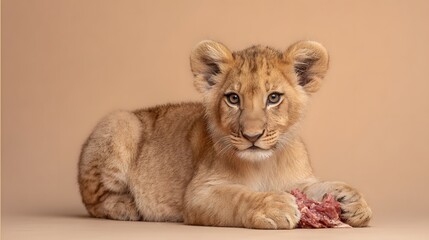 Obraz premium Adorable Lion Cub Lying Down and Eating Raw Meat Piece