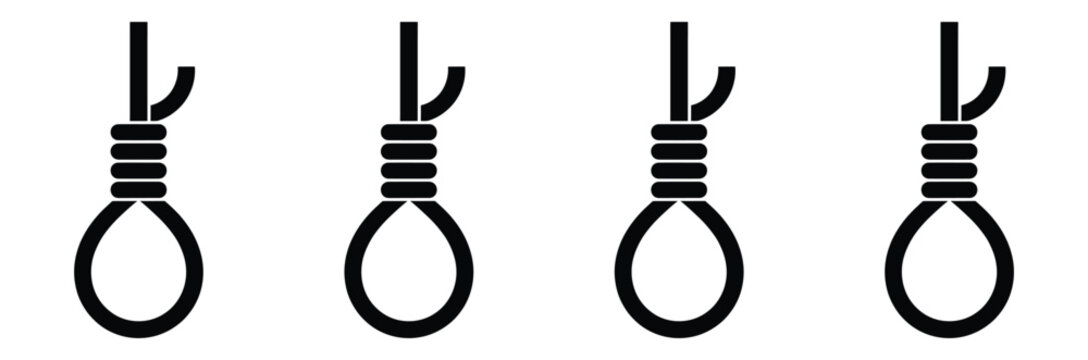 Hangman Noose Rope Knot Icon Set, Suicide and Execution Symbol, Gallows Loop Vector Silhouette Collection