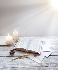 Bible on white wooden table