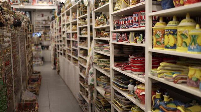 Colorful ceramic plates bowls and kitchenware arranged on bright shelves inside a traditional shop creating a warm artisanal atmosphere with handcrafted patterns and cozy interior style