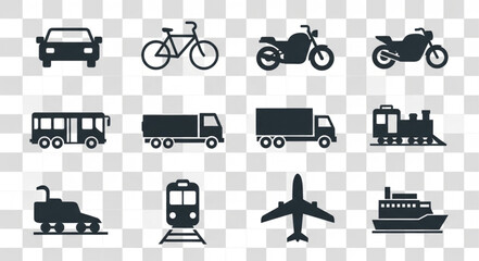 Collection of diverse transportation vehicle icons on a transparent background. © raka