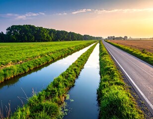 Naklejka premium Scenic countryside view with road and waterway green fields and sunset