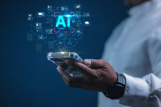 Business professionals are holding glowing digital brains, representing artificial intelligence and technological innovation.
The concept of a world of work driven by technological innovation means hu