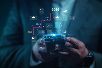 Obraz premium Business leaders aim to tap icons of success in 2026 for business investment, growth and development company idea 2026 