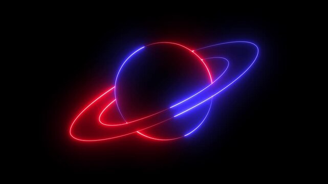 glowing neon cosmic planet icon isolated on black background. planet icon with orbiting rings in glowing lines on futuristic science and technology concepts. 4k video animation.