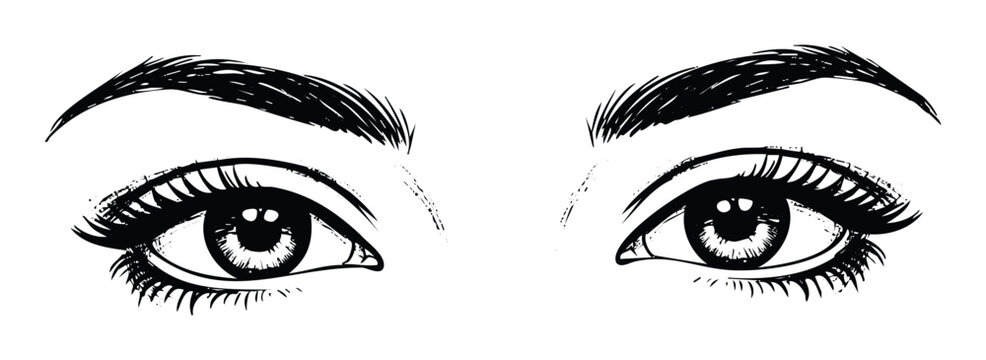 Dramatic stylized black and white human eyes with prominent eyelashes and defined eyebrows perfect for beauty industry marketing materials, cosmetic product branding, fashion illustrations,
