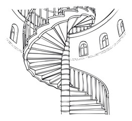 Naklejka premium Detailed architectural sketch of a grand spiral staircase winding inside a classic tower with windows, perfect for structural blueprints or historical building design projects