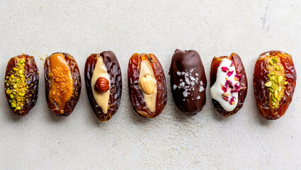 Naklejka na ściany i meble Assorted Stuffed Dates with Various Toppings on Neutral Background for Culinary and Food Photography , stuffed dates, date snickers, nut butter filling, healthy dessert, no bake sweet, bite size treat