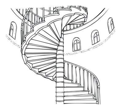 Detailed architectural sketch of a grand spiral staircase winding inside a classic tower with windows, perfect for structural blueprints or historical building design projects