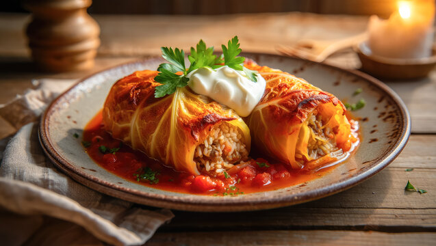 Cabbage rolls on rustic table with sauce and herbs suitable for culinary blos and recipe website, menu, cabbage crush, cabbage steak, comfort food, plant-forward, oven roast