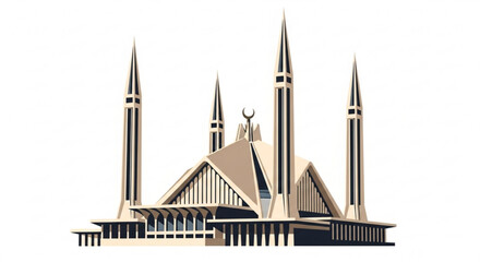 Modern mosque architecture with four minarets and large central dome structure © Zia 