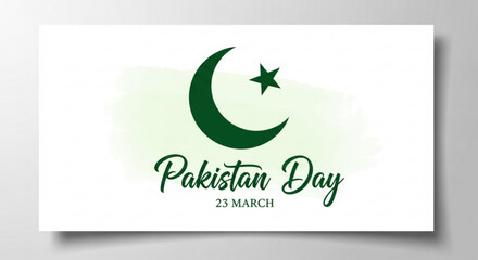Pakistan day celebration logo with green crescent moon and star on white background