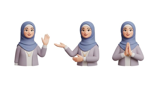 A 3D illustration of a hijab-wearing Muslim woman character in a soft blue outfit, shown in three polite poses. Isolated on a white background for professional stock and graphic use.