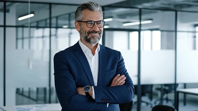 A distinguished senior male executive or CEO smiling confidently with arms crossed standing in a modern corporate office environment.