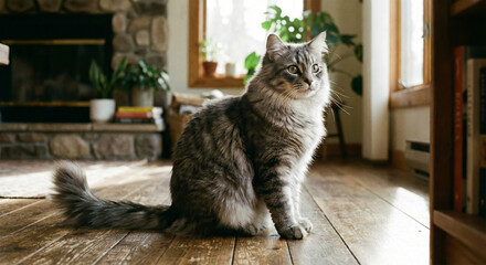 Obraz premium Fluffy grey cat sitting on a sunlit wooden floor in a cozy living room, pet care brand or domestic life advertising