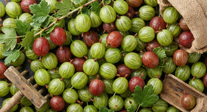 Green and red gooseberries with burlap sack and wooden tools, farm market advertising or rustic kitchen concepts