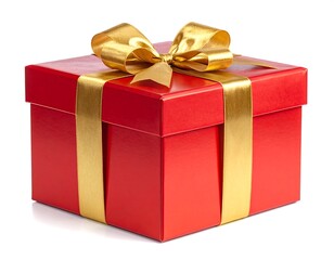 Fototapeta premium Elegantly wrapped red gift box with golden ribbon bow on white backdrop