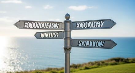 Directional signpost with economics ecology culture and politics arrows on green hill by serene ocean