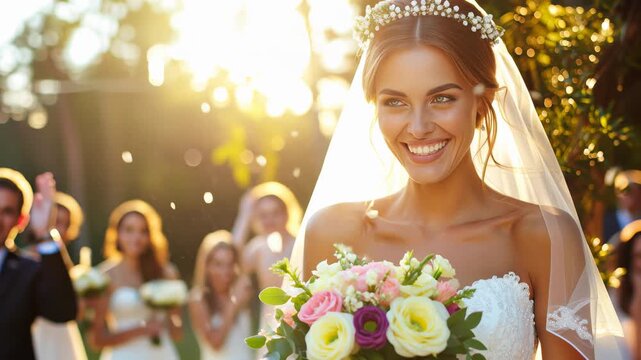 Joyful bride celebrates her wedding ceremony surrounded by guests showering flower petals