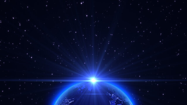 earth orbit and shiny stars space and blue light rays , galaxy and univers night sky ,science and technology social media background