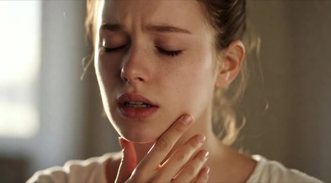 Face expression suffering from sensitive teeth, young woman touching cheek.4k high quality video
