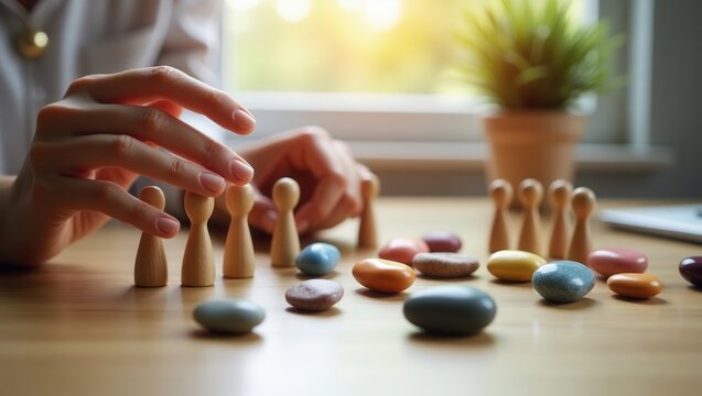 family constellations therapist's hands with small wooden figurines