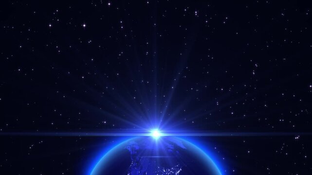 earth orbit and shiny stars space and blue light rays animation, galaxy and univers night sky ,science and technology social media motion background