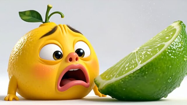 Funny 3D Animated Lemon Licking Green Lime Slice and Making a Sour Face