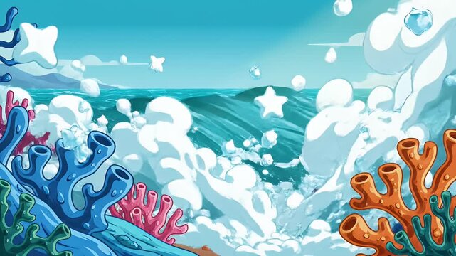 Dynamic ocean wave breaking over vibrant coral reef illustration