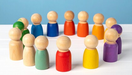 Twelve wooden peg dolls in semicircle on flat surface with blue background, painted in pairs of bright colors with natural wood on edges.