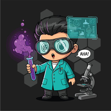 Young scientist cartoon character with goggles and lab coat holding a bubbling test tube.
