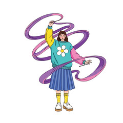 Fototapeta premium Young woman creating art with flowing purple ribbons and paintbrushes.