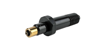 Close-up of a black and gold cylindrical component with screw threads and a nozzle