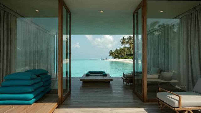Luxury modern villa overlooking a turquoise ocean and tropical island beach with lounge chairs and pool at sunset