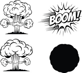 Comic explosion icons set with mushroom cloud blast and boom text effect, dramatic impact illustration, action and danger concept in bold black vector style © Azom