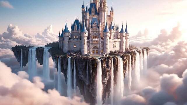 A majestic fairytale castle rests on a floating island amidst clouds, with waterfalls cascading into the sky. A magical and dreamy image for fantasy t