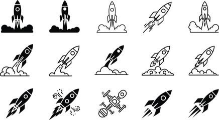 Naklejka premium Rocket Launch and Space Travel Icons Collection